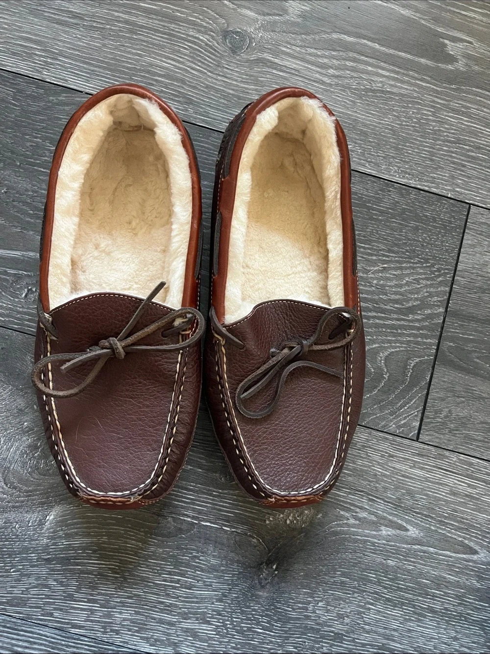 L.L. Bean Brown Leather Shearling-Lined Moccasin Slippers